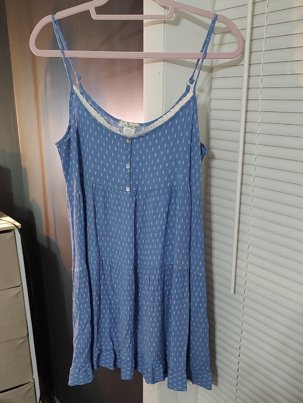 Light Blue Spotted Mini Dress with Lace Trim